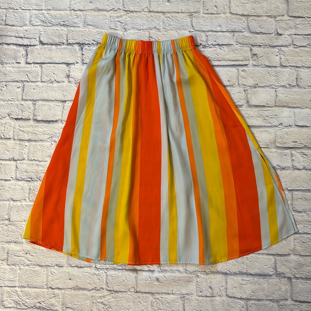 LOFT Striped Midi Skirt Semi Sheer Yellow Orange Gray Elastic Waist Size XS